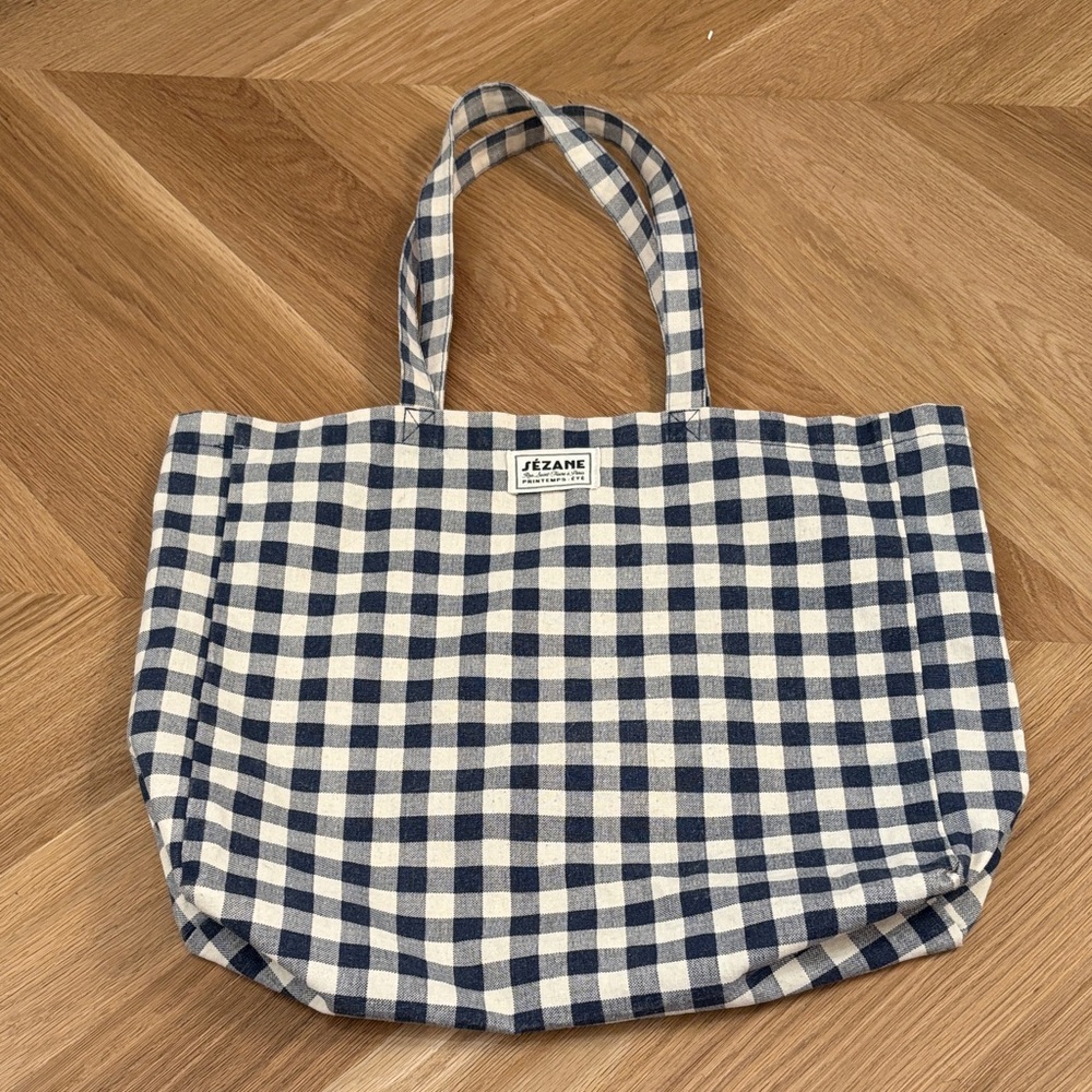 Sezane Blue and White Checkered Tote Bag
